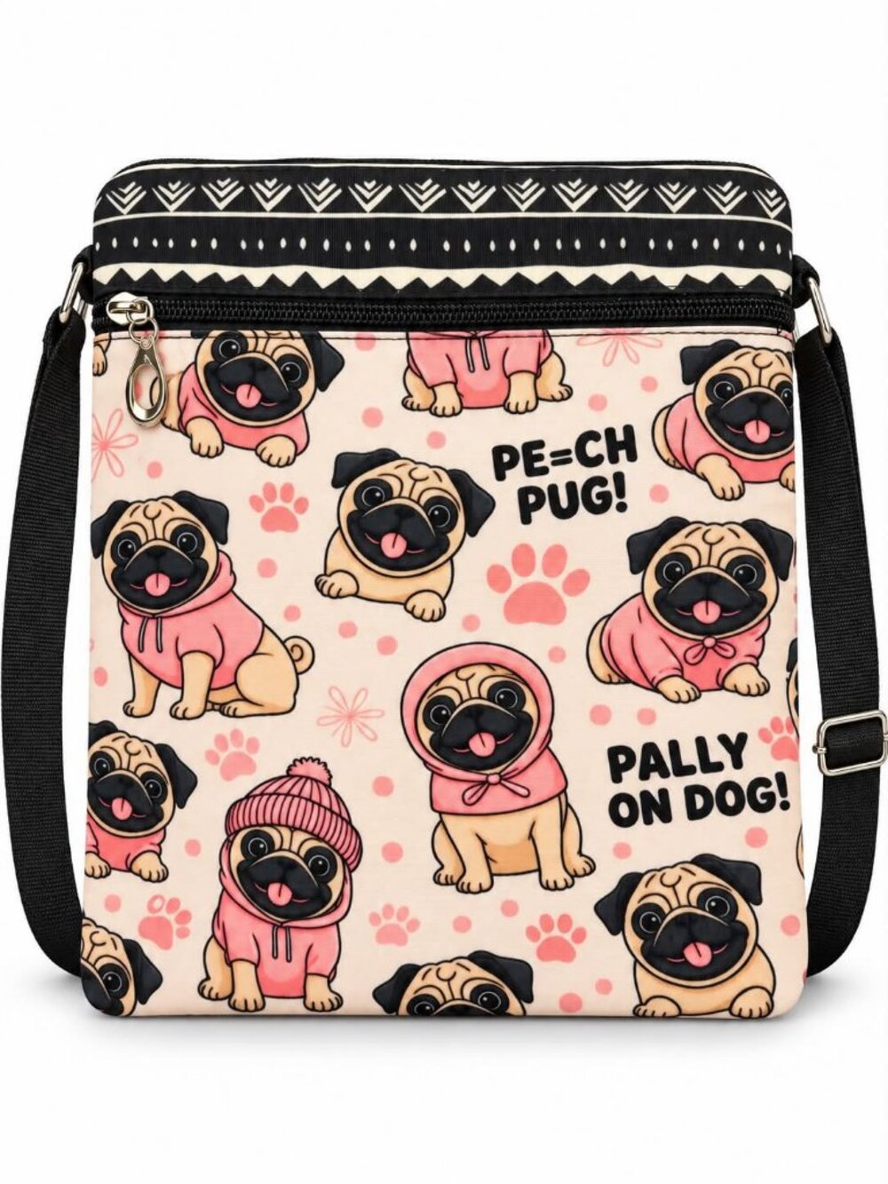 Pink Pug Print Crossbody Bag